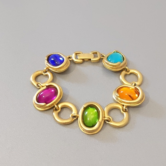unbranded Jewelry - Multi Color Oval Cabochons Link Bracelet, Gold Toned, 7"